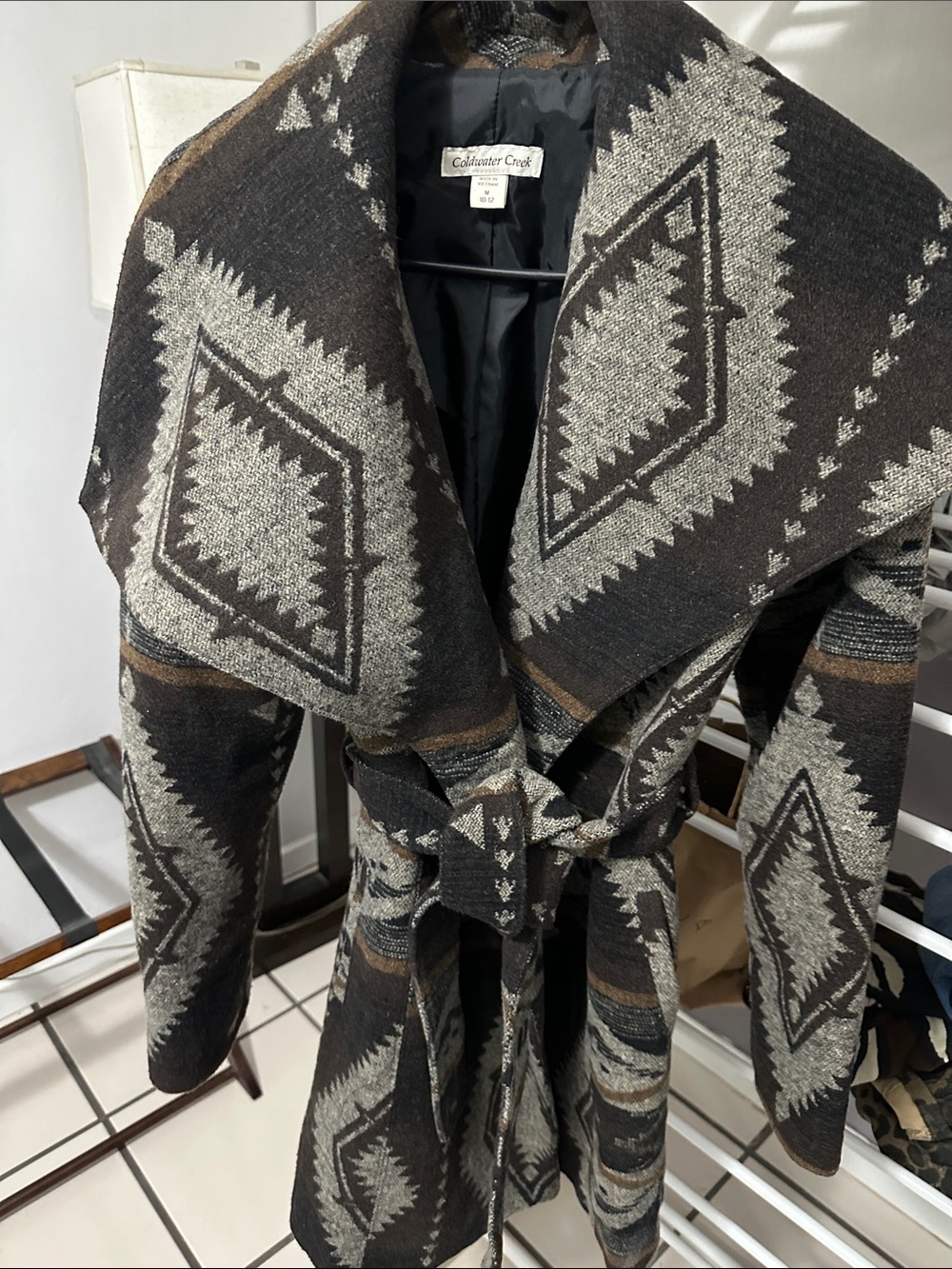 Coldwater Creek Brown & Gray Aztec-Pattern Shawl Wrap Coat